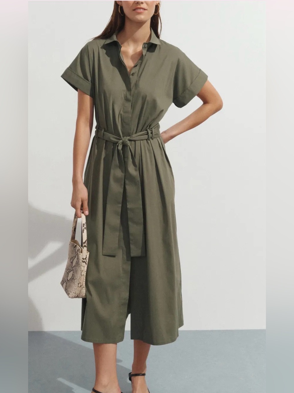 Pietro Brunelli Milano Cotton Olive “Asia” Dress with Tie M $305 retail